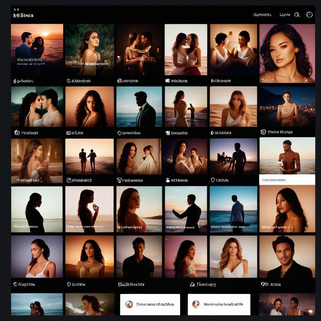 A sleek, modern interface of a video streaming platform displaying thumbnails of sensual videos, surrounded by soft ambient lighting. The background includes subtle silhouettes of diverse couples in intimate, playful poses to evoke a sense of connection and allure. Elements of navigation like a search bar and categories are elegantly integrated into the design. The overall feel is engaging, inviting, and tasteful. super-realistic. vibrant colors. soft focus.