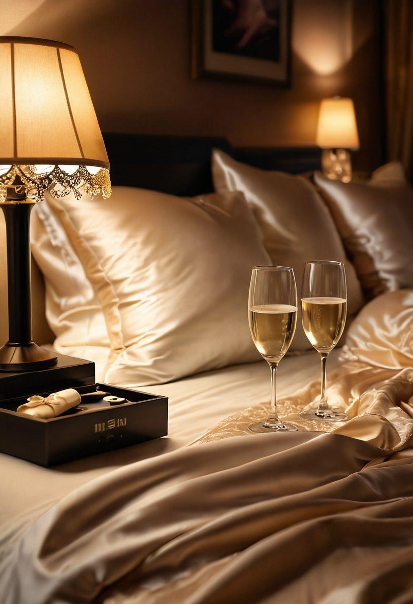 A sultry bedroom scene with warm ambient lighting, featuring a computer screen displaying classy adult streaming content. Include elegant elements like silk sheets and soft pillows, with a hint of seductive accessories like lace and champagne flutes. Capture a sophisticated and inviting atmosphere that suggests exploration and intimacy. super-realistic. warm colors. soft focus.
